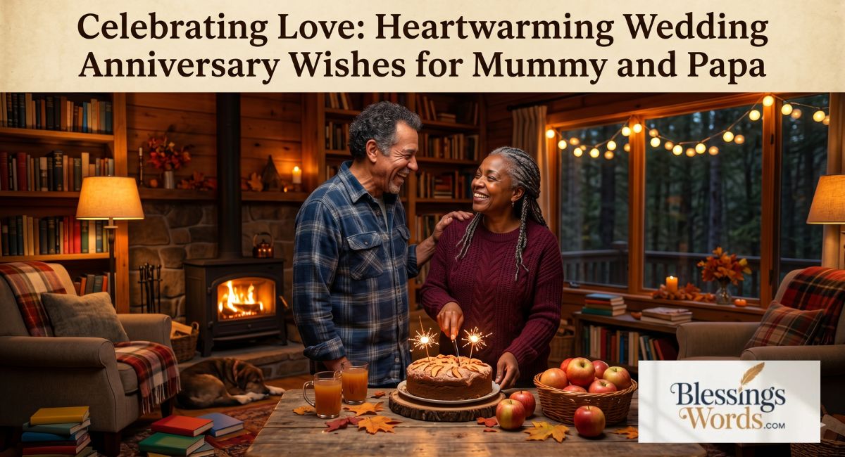 TITLE TEXT: Celebrating Love: Heartwarming Wedding Anniversary Wishes for Mummy and Papa IMAGE PROMPT: A heartwarming, cinematic wide 16:9 landscape photograph capturing an intimate, emotional moment of an elegant mature couple celebrating their anniversary in a beautifully styled, sunlit backyard garden. An older gentleman with salt-and-pepper hair, wearing a sharp, tailored navy blue blazer, gazes lovingly at his wife, a radiant woman in a sophisticated pastel pink silk saree, laughing gracefully with tears of joy in her eyes. In the foreground, a beautifully arranged rustic wooden table features a small, elegant anniversary cake with sparkling candles, delicate floral arrangements of white roses, and two raised champagne flutes. The background is softly blurred with warm, glowing bokeh from fairy lights strung across green trees. The scene is bathed in a golden hour sunset, casting a soft, warm, nostalgic glow over the entire couple. The composition is balanced and spacious, with a clean, uncluttered upper-left quadrant intentionally left empty to allow for blog title text overlay. High detail, photorealistic, 4K resolution, capturing pure love and deep emotional connection.